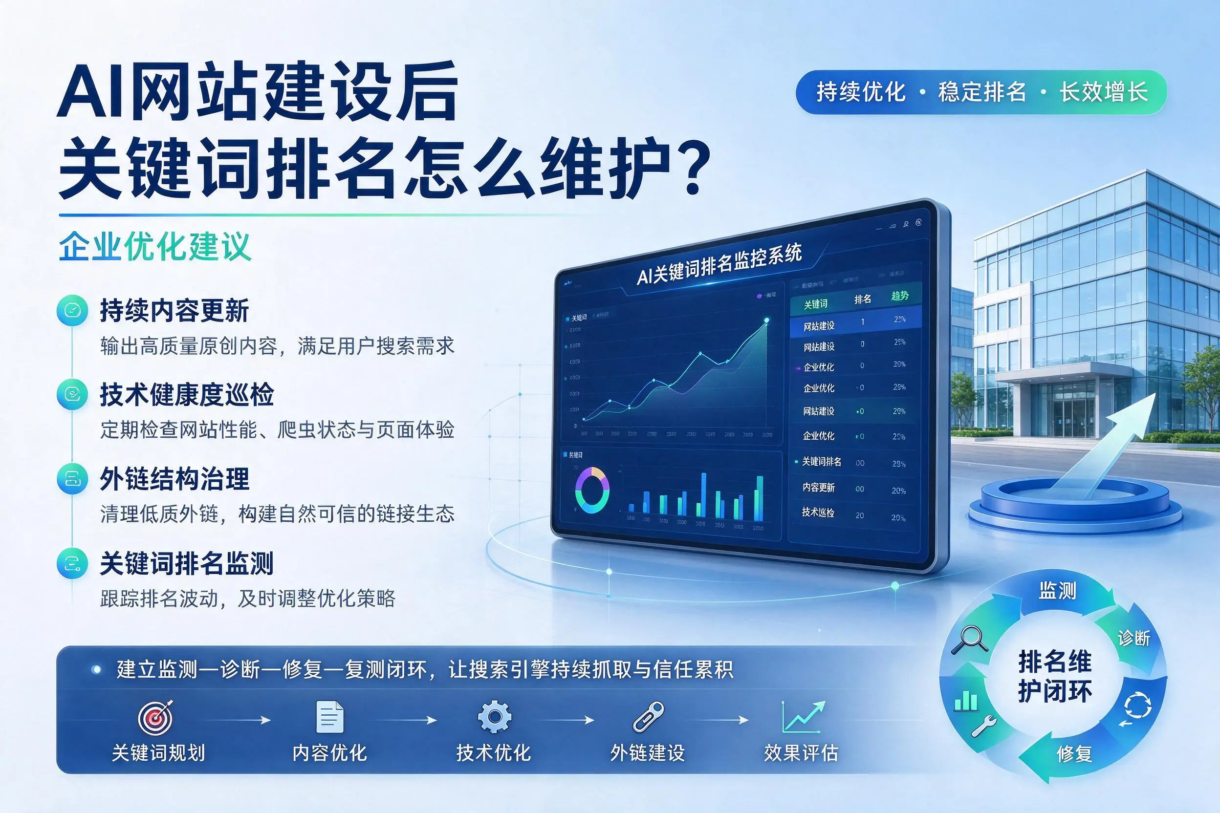 AI网站建设后关键词排名怎么维护?乌兰察布企业优化建议